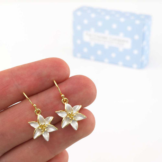 White Lily | Gold Tone Drop Earrings | Mini Gift | Cracker Filler