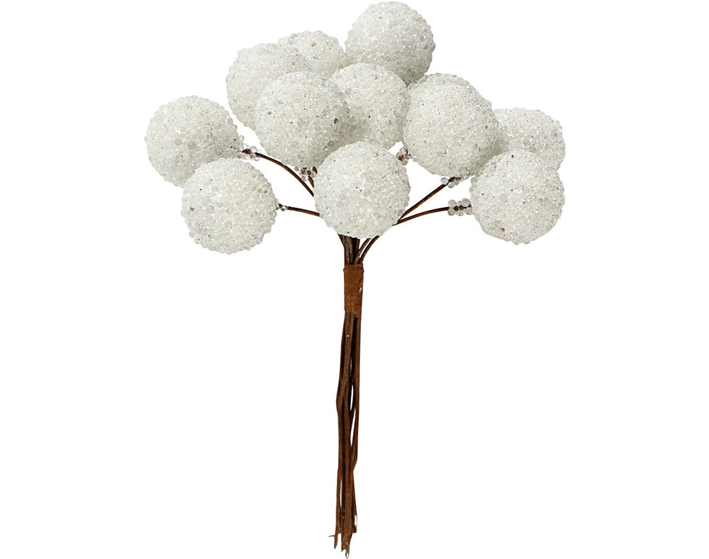 12 Wired White Glittered Berries for Christmas Wreaths & Faux Floristry