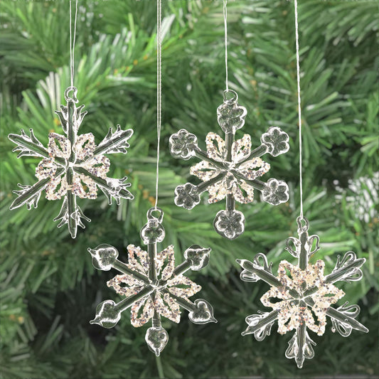 Hanging Glass Snowflakes | Set of 4 | 65mm Wide | Christmas Tree Decorations