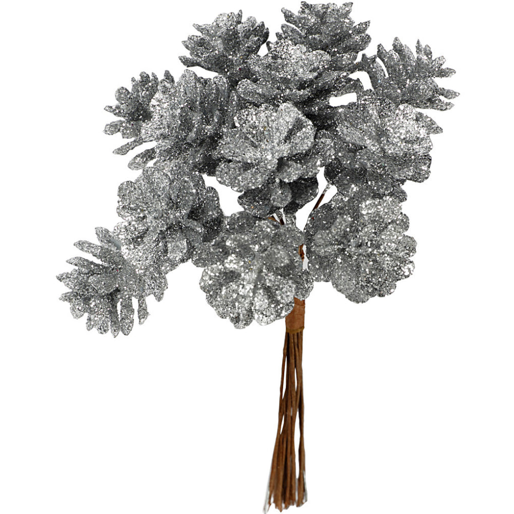 12 Mini Silver Glitter Artificial Pine Cone Wired Faux Christmas Floristry Picks