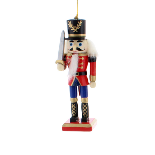 Red & Navy Blue Nutcracker & Sword | Wood Christmas Tree Decoration | 12cm Tall