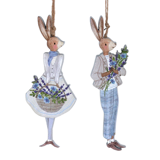 Flower Gathering Bunnies | 2 Hanging Wooden Ornaments | 10.5cm Tall