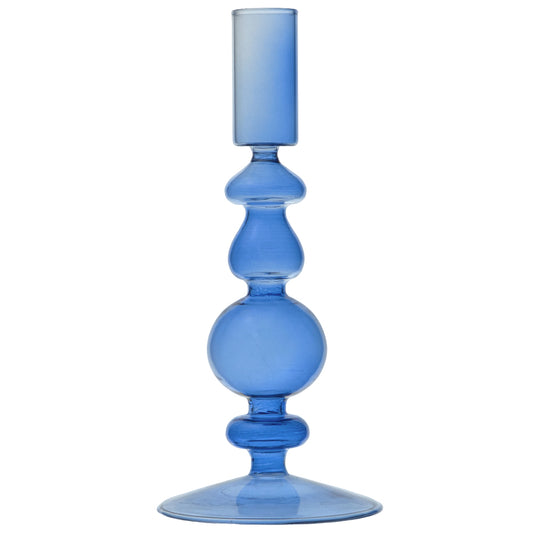 Mid Blue Glass Candlestick | 19cm Tall | Retro Boho Style | Gisela Graham