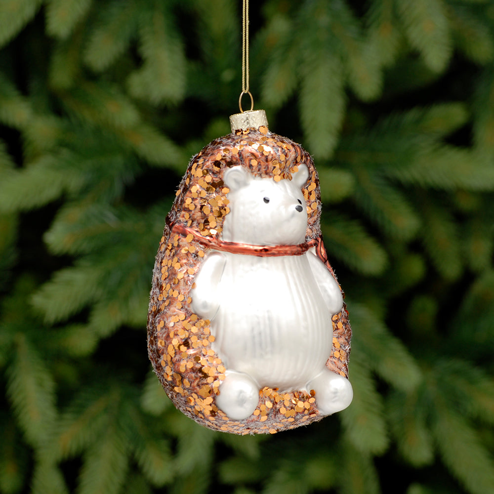 Copper Glitter Hedgehog | Glass Hanging Christmas Tree Ornament | 13cm Tall