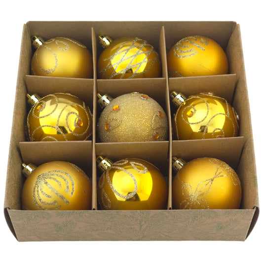 60mm Warm Gold Christmas Baubles | Set of 9 | Shatterproof Tree Decorations