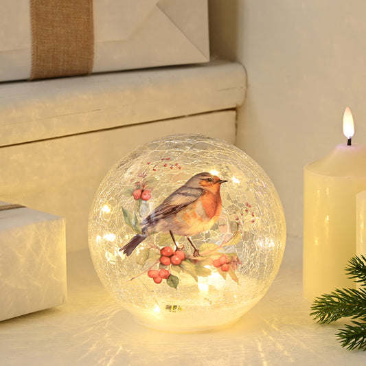 Robin & Berries | 15cm Light Up Glass Crackle Ball | Christmas Table Home Decor