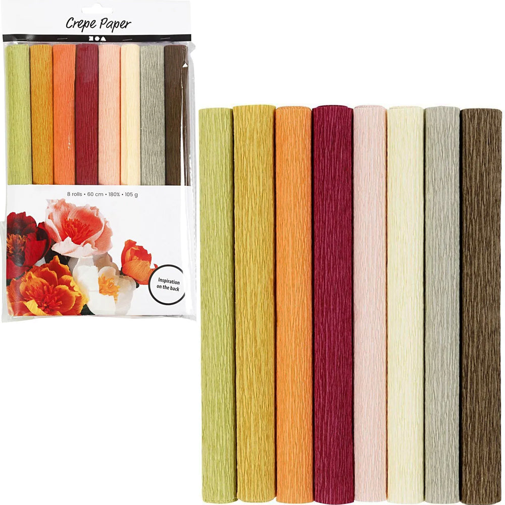 8 Rolls 25cm x 60cm Crepe | Paper Flower Making | Natural Colours