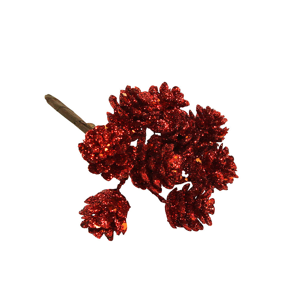 12 Mini Red Glitter Artificial Pine Cone Wired Faux Christmas Floristry Picks