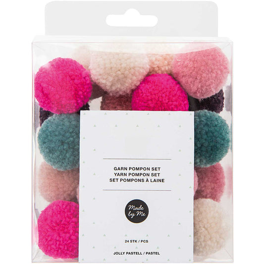 Jolly Pastel Mix | 24 Assorted Polyester Yarn Pom Poms | 3cm Wide