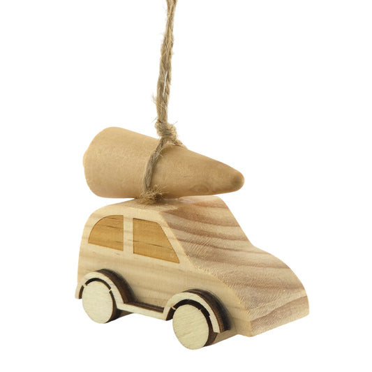 Car with Christmas Tree | Hanging Wooden Ornament | 6.5cm Long