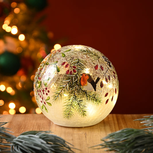 Robin & Pines | 15cm Light Up Glass Crackle Ball | Christmas Table Home Decor