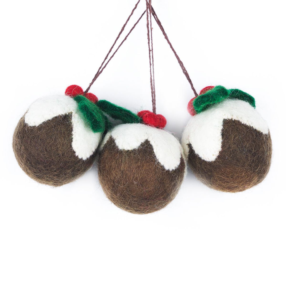 3 6cm Felt Christmas Puddings Baubles - Hanging Decoration | Fairtrade Felt