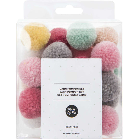 Pastel Mix | 24 Assorted Polyester Yarn Pom Poms | 3cm Wide