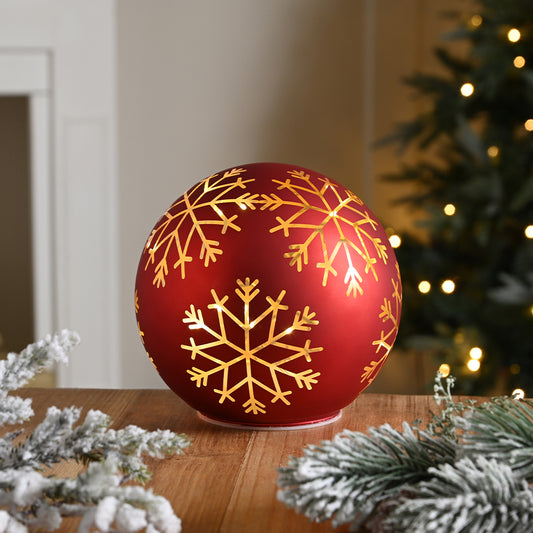 Red Snowflakes | 15cm Light Up Glass Ball | Tabletop | Christmas Home Decor