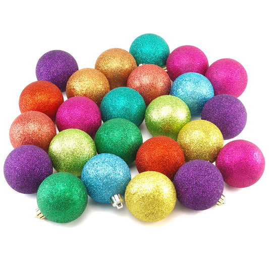 6cm Rainbow Glitter Hanging Baubles | 24Pk | Shatterproof Christmas Tree Decorations