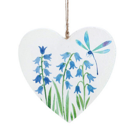 Bluebells & Dragonfly | Wooden Hanging Springtime Heart | 8cm Wide