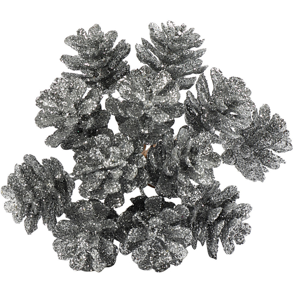 12 Mini Silver Glitter Artificial Pine Cone Wired Faux Christmas Floristry Picks