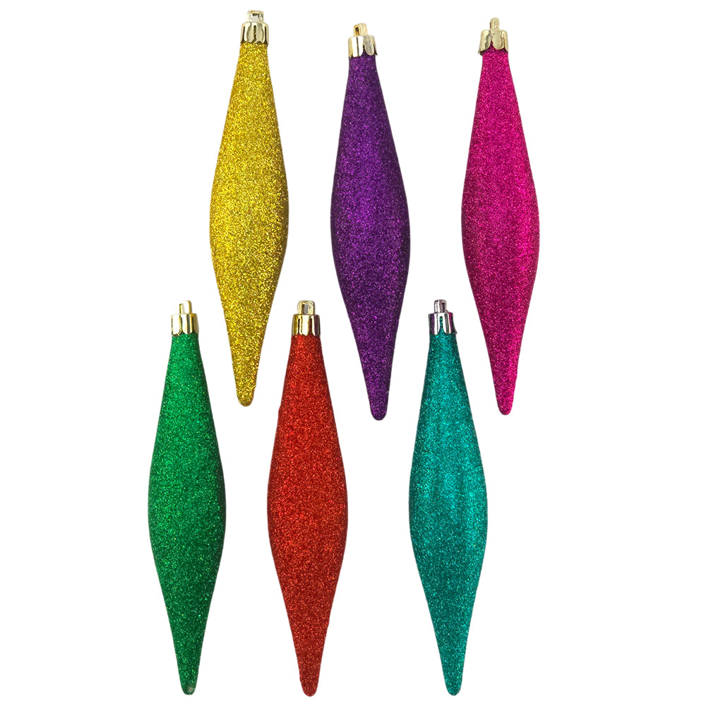 15cm Rainbow Glitter Hanging Bauble Drops | 6Pk | Christmas Tree Decorations