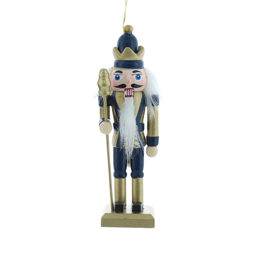 Navy Blue & Gold Nutcracker & Mace | Wood Christmas Tree Decoration | 12cm Tall