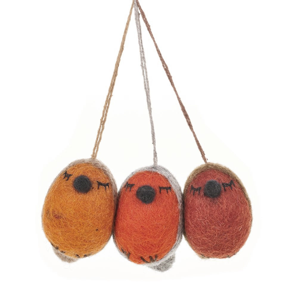 3 6cm Felt Robin Baubles - Hanging Christmas Decorations | Fairtrade Felt