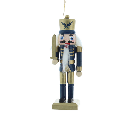 Navy Blue & Gold Nutcracker & Sword | Wood Christmas Tree Decoration | 12cm Tall