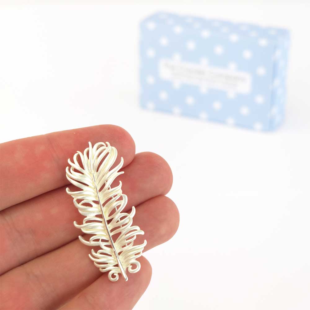 Pearlescent White Feather Brooch | 4.5cm Long | Mini Gift | Cracker Filler