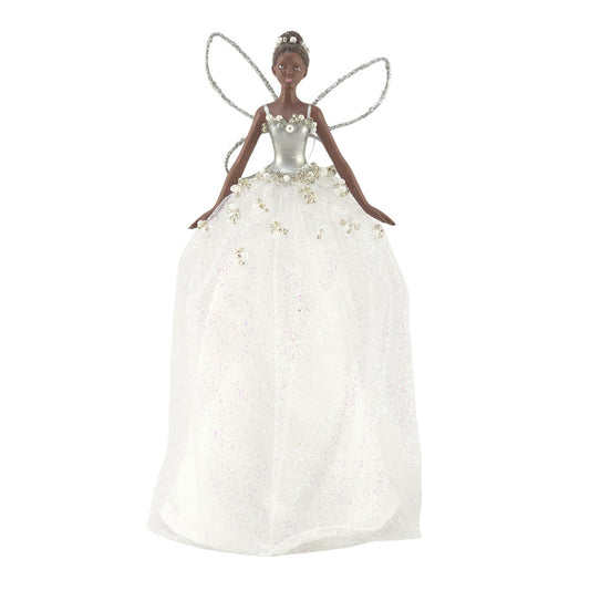 Black Skinned Fairy | White & Silver | Gisela Graham 20cm Christmas Tree Topper