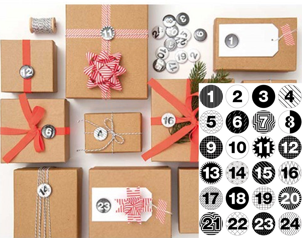 24 Numbered Badges for Christmas Advent Calendar Crafts - Monochrome