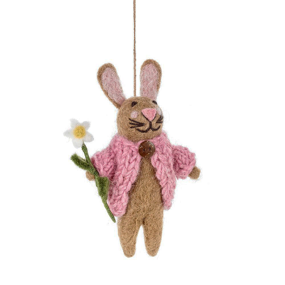 14cm Hand Felted Rabbit in Cardigan and Flower | Hanging Easter Tree Decoration | Fairtrade Felt