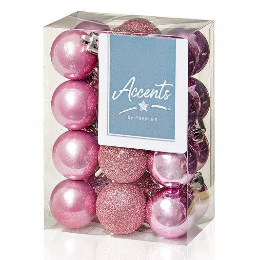 30mm Pink Christmas Baubles | 24 Assorted | Shatterproof Tree Decorations