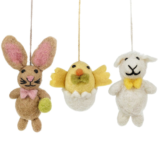 3 Felted Easter Characters | Bunny, Chick & Lamb | Hanging Easter Tree Decoration | Fairtrade Felt