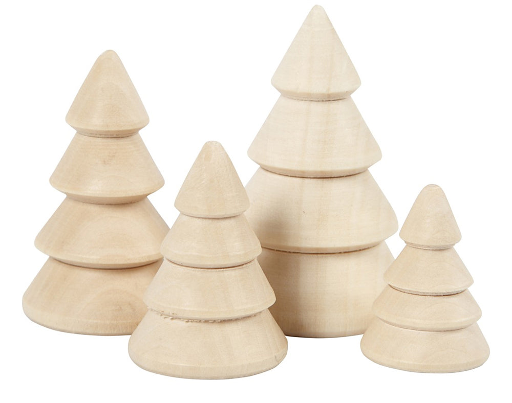 4 Mini Assorted 3D Wooden Christmas Tree Shapes to Decorate