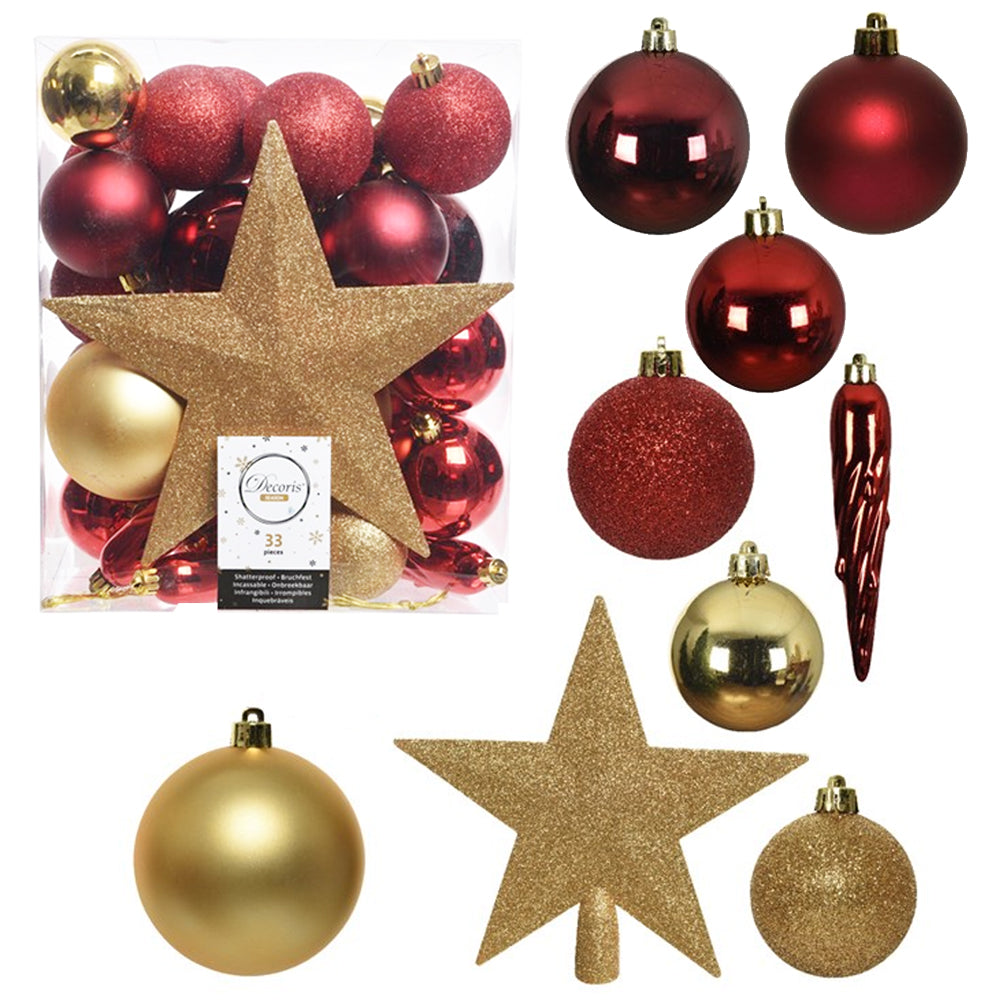 33 Piece Shatterproof Christmas Baubles | Red & Gold | Assorted Selection