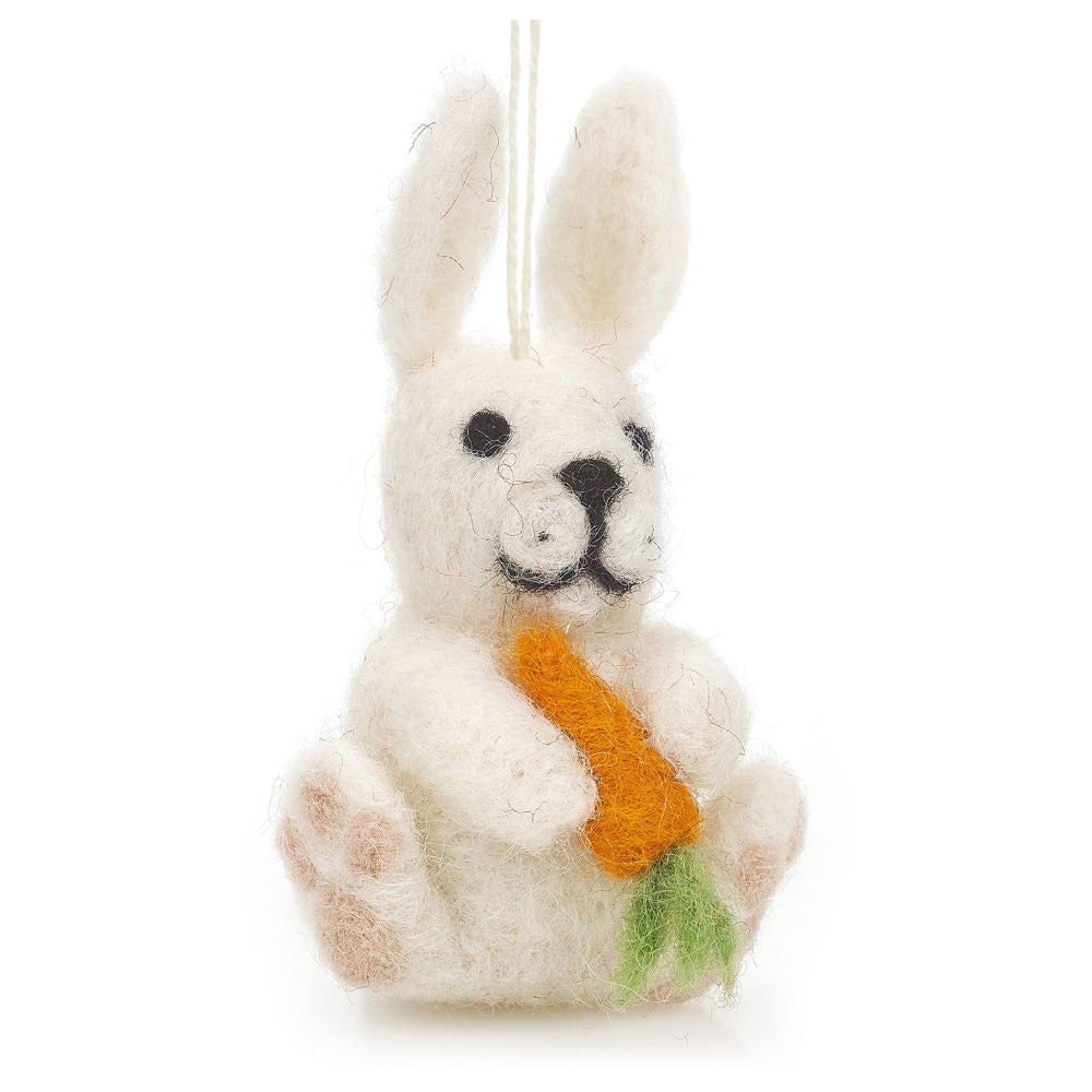 9.5cm Hand Felted Rabbit with Carrot | Hanging Easter Tree Decoration | Fairtrade Felt