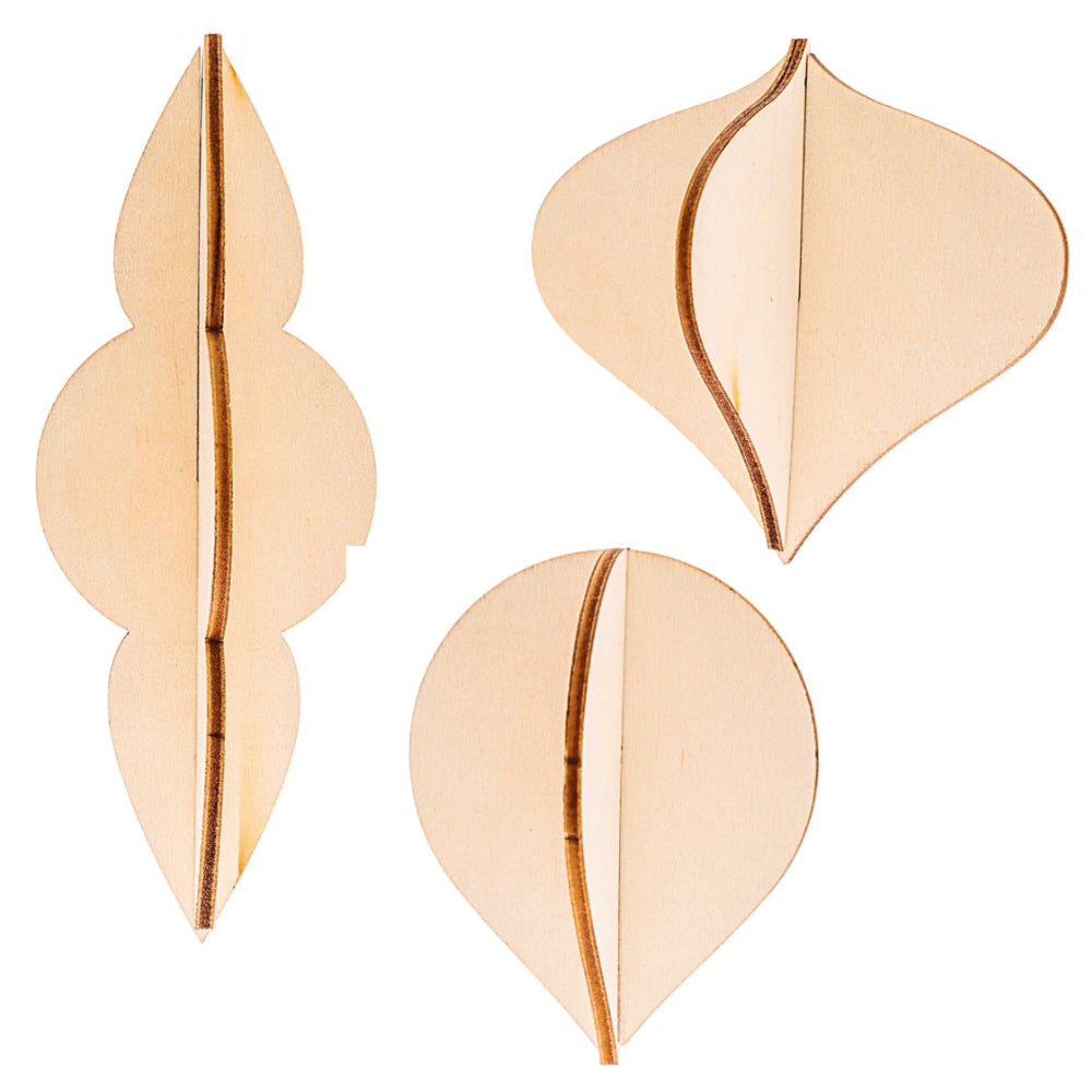 3 Natural Wooden Hanging 3D Baubles - Use Plain or Decorate