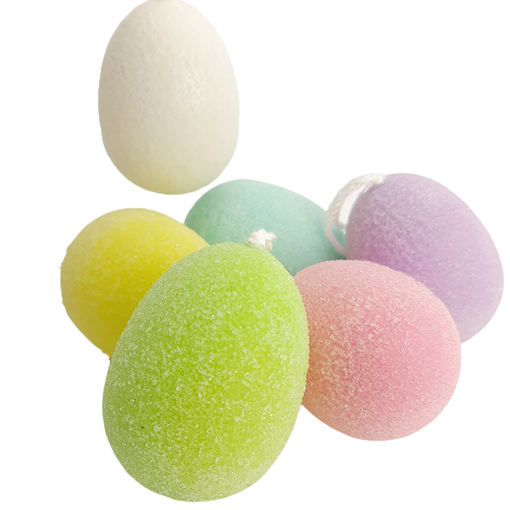 6 Pack 9cm Pastel Sugar Effect Plastic Hanging Eggs for Easter Trees